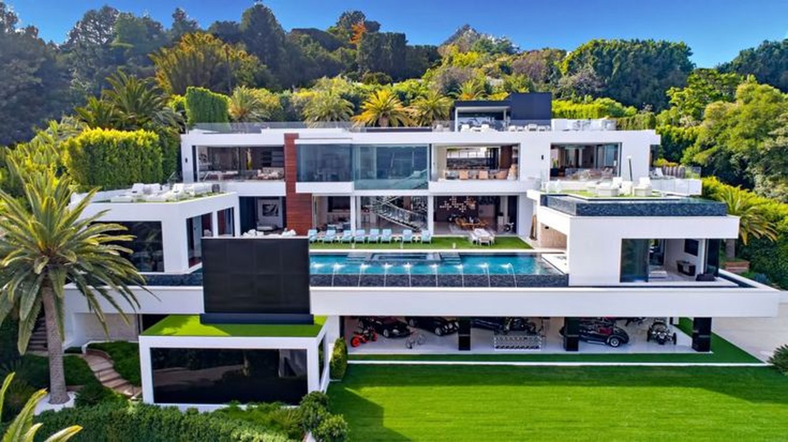 Luxury Bel Air mega-mansion aerial view with lap pool
